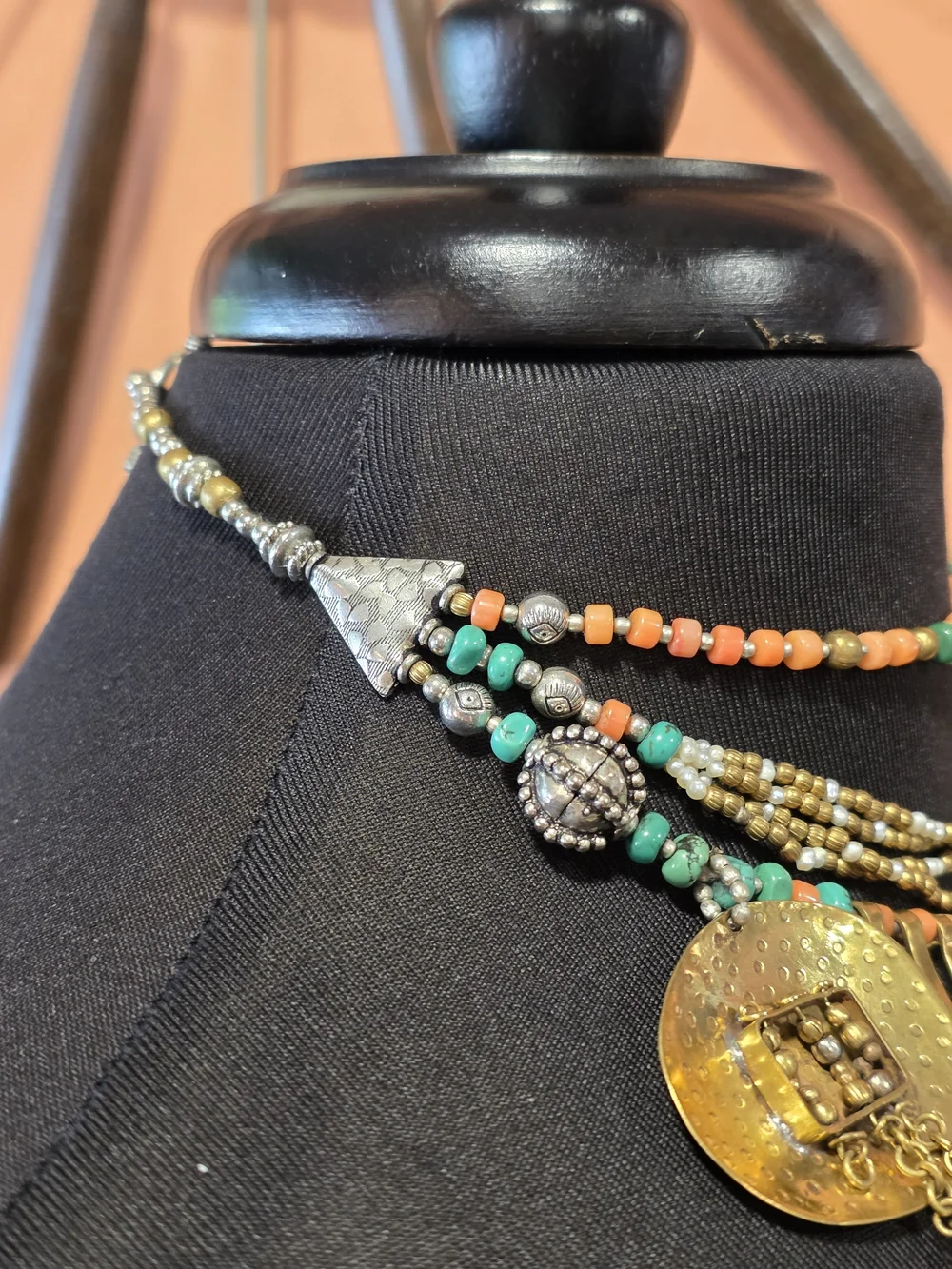 Layered Gold Medallion Necklace with Turquoise and Coral Beads